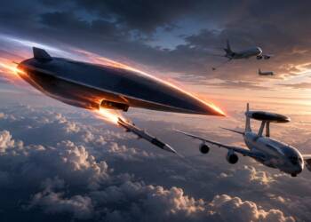 A hypersonic glide vehicle streaks through the upper atmosphere as it launches a missile toward a US AWACS radar aircraft, with tanker and support aircraft flying in the distance above dramatic cloud cover.