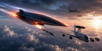 A hypersonic glide vehicle streaks through the upper atmosphere as it launches a missile toward a US AWACS radar aircraft, with tanker and support aircraft flying in the distance above dramatic cloud cover.