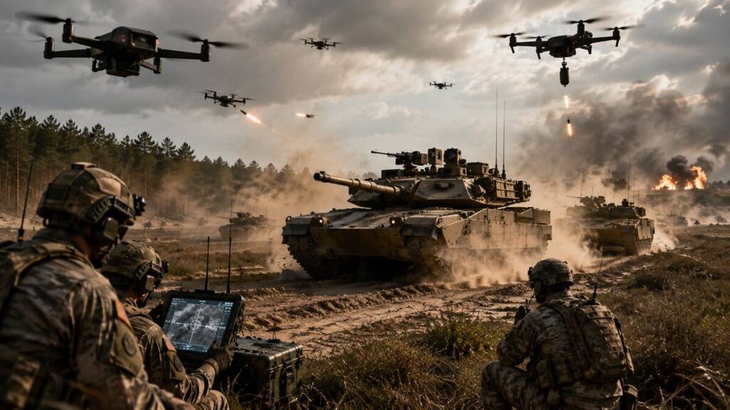 US soldiers operate a drone control system as an American armoured formation advances through a dusty battlefield, while multiple drones fly overhead and explosions burn in the distance