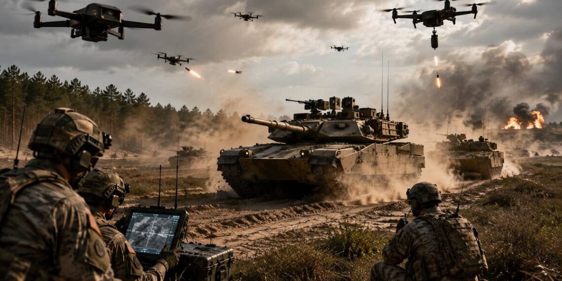 US soldiers operate a drone control system as an American armoured formation advances through a dusty battlefield, while multiple drones fly overhead and explosions burn in the distance