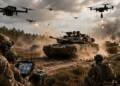 US soldiers operate a drone control system as an American armoured formation advances through a dusty battlefield, while multiple drones fly overhead and explosions burn in the distance