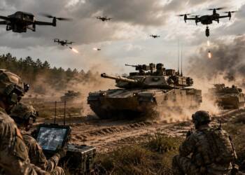 US soldiers operate a drone control system as an American armoured formation advances through a dusty battlefield, while multiple drones fly overhead and explosions burn in the distance