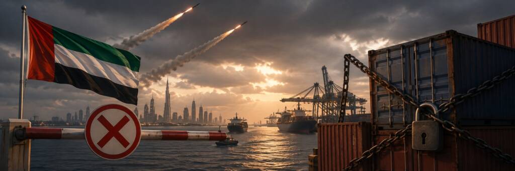 UAE flag flying beside a closed checkpoint as missiles streak over a Dubai port, while shipping containers are locked with heavy chains, symbolising suspended trade and rising tensions with Iran.