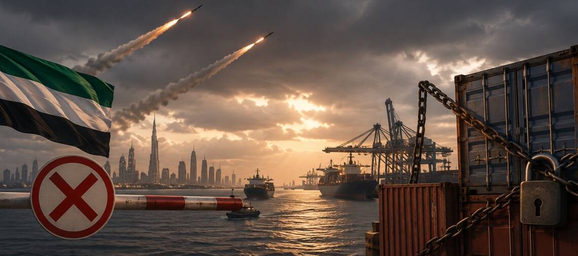 UAE flag flying beside a closed checkpoint as missiles streak over a Dubai port, while shipping containers are locked with heavy chains, symbolising suspended trade and rising tensions with Iran.