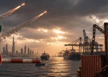 UAE flag flying beside a closed checkpoint as missiles streak over a Dubai port, while shipping containers are locked with heavy chains, symbolising suspended trade and rising tensions with Iran.