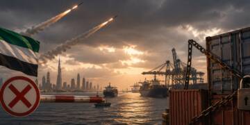 UAE flag flying beside a closed checkpoint as missiles streak over a Dubai port, while shipping containers are locked with heavy chains, symbolising suspended trade and rising tensions with Iran.