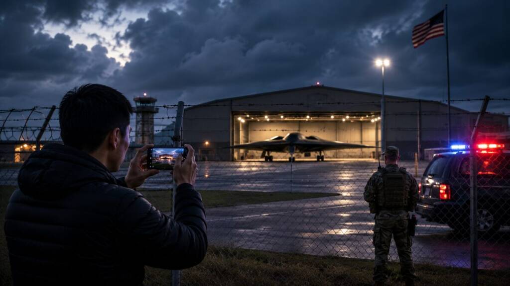 A man photographs a stealth bomber inside a brightly lit hangar from outside a barbed-wire fence, while a security officer and police vehicle stand nearby under a stormy evening sky.