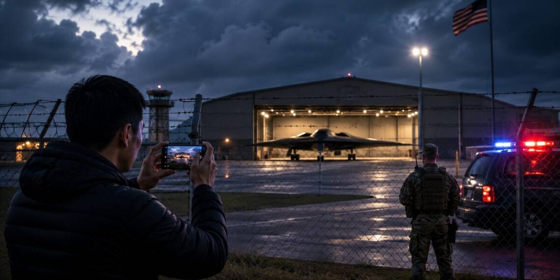 A man photographs a stealth bomber inside a brightly lit hangar from outside a barbed-wire fence, while a security officer and police vehicle stand nearby under a stormy evening sky.
