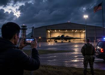 A man photographs a stealth bomber inside a brightly lit hangar from outside a barbed-wire fence, while a security officer and police vehicle stand nearby under a stormy evening sky.