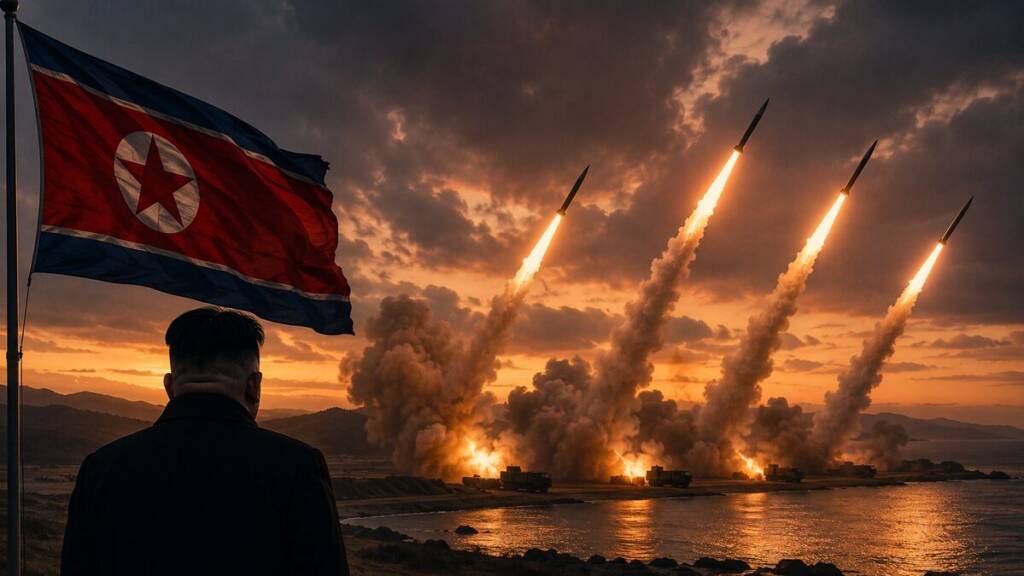 “North Korean missiles launch from mobile rocket systems along a coastal landscape at sunset, as smoke rises into a dramatic sky and a North Korean flag fills the foreground.”