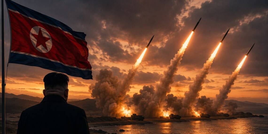 “North Korean missiles launch from mobile rocket systems along a coastal landscape at sunset, as smoke rises into a dramatic sky and a North Korean flag fills the foreground.”
