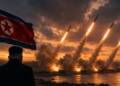 “North Korean missiles launch from mobile rocket systems along a coastal landscape at sunset, as smoke rises into a dramatic sky and a North Korean flag fills the foreground.”