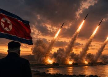 “North Korean missiles launch from mobile rocket systems along a coastal landscape at sunset, as smoke rises into a dramatic sky and a North Korean flag fills the foreground.”