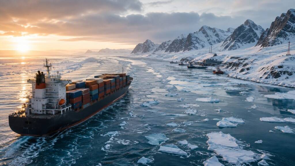 A container ship sails through icy Arctic waters toward a snow-covered coastal port, surrounded by floating sea ice and towering mountains under a dramatic sunset.