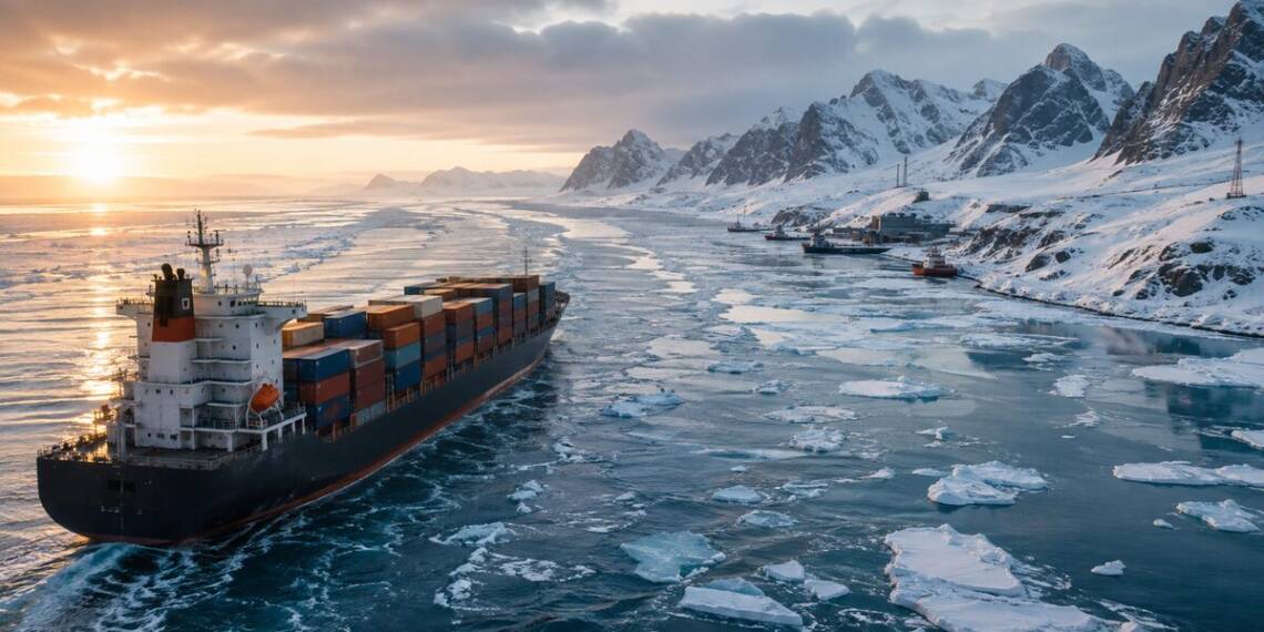 A container ship sails through icy Arctic waters toward a snow-covered coastal port, surrounded by floating sea ice and towering mountains under a dramatic sunset.