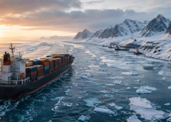 A container ship sails through icy Arctic waters toward a snow-covered coastal port, surrounded by floating sea ice and towering mountains under a dramatic sunset.