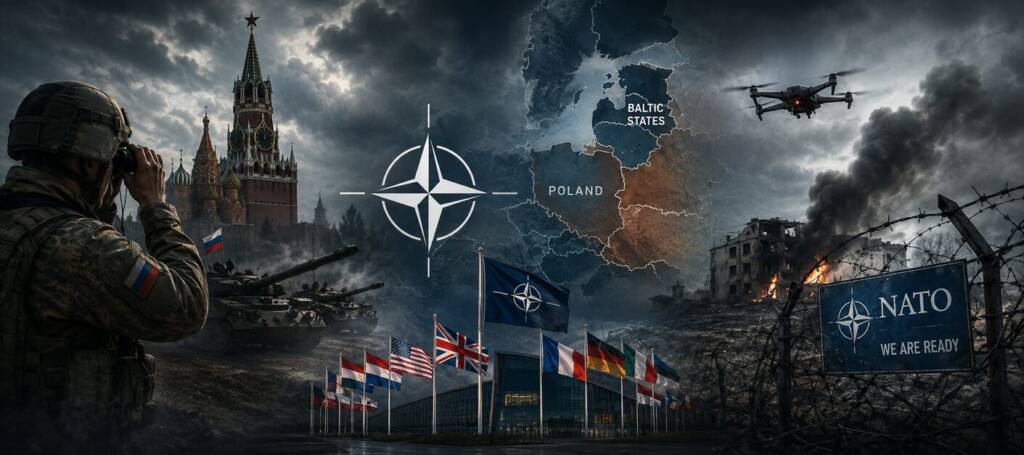 A Russian soldier observes from the foreground as tanks advance near the Kremlin, while NATO headquarters, member-state flags, a NATO emblem, a map of Eastern Europe, a drone, and a war-torn urban landscape illustrate rising tensions between Russia and NATO. Image Generated using AI.
