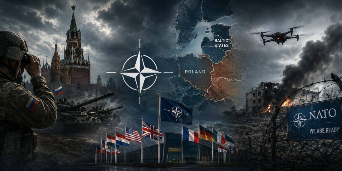A Russian soldier observes from the foreground as tanks advance near the Kremlin, while NATO headquarters, member-state flags, a NATO emblem, a map of Eastern Europe, a drone, and a war-torn urban landscape illustrate rising tensions between Russia and NATO. Image Generated using AI.