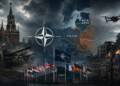 A Russian soldier observes from the foreground as tanks advance near the Kremlin, while NATO headquarters, member-state flags, a NATO emblem, a map of Eastern Europe, a drone, and a war-torn urban landscape illustrate rising tensions between Russia and NATO. Image Generated using AI.