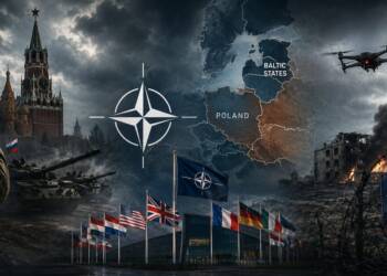 A Russian soldier observes from the foreground as tanks advance near the Kremlin, while NATO headquarters, member-state flags, a NATO emblem, a map of Eastern Europe, a drone, and a war-torn urban landscape illustrate rising tensions between Russia and NATO. Image Generated using AI.
