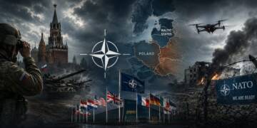 A Russian soldier observes from the foreground as tanks advance near the Kremlin, while NATO headquarters, member-state flags, a NATO emblem, a map of Eastern Europe, a drone, and a war-torn urban landscape illustrate rising tensions between Russia and NATO. Image Generated using AI.