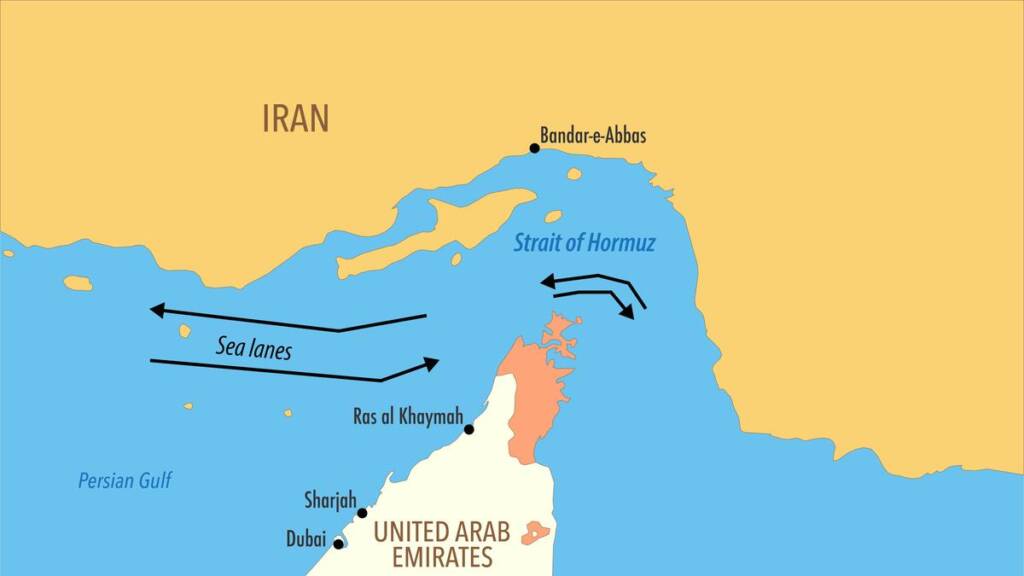 Illustration of the Strait of Hormuz showing Iranian coastal defences, oil tankers and US naval presence amid tensions over control of the strategic oil chokepoint.