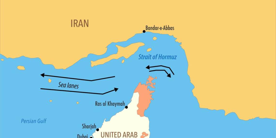 Illustration of the Strait of Hormuz showing Iranian coastal defences, oil tankers and US naval presence amid tensions over control of the strategic oil chokepoint.