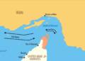 Illustration of the Strait of Hormuz showing Iranian coastal defences, oil tankers and US naval presence amid tensions over control of the strategic oil chokepoint.