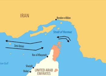 Illustration of the Strait of Hormuz showing Iranian coastal defences, oil tankers and US naval presence amid tensions over control of the strategic oil chokepoint.