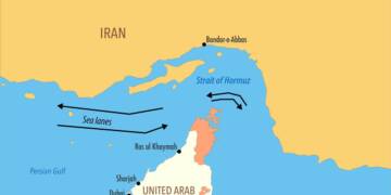Illustration of the Strait of Hormuz showing Iranian coastal defences, oil tankers and US naval presence amid tensions over control of the strategic oil chokepoint.
