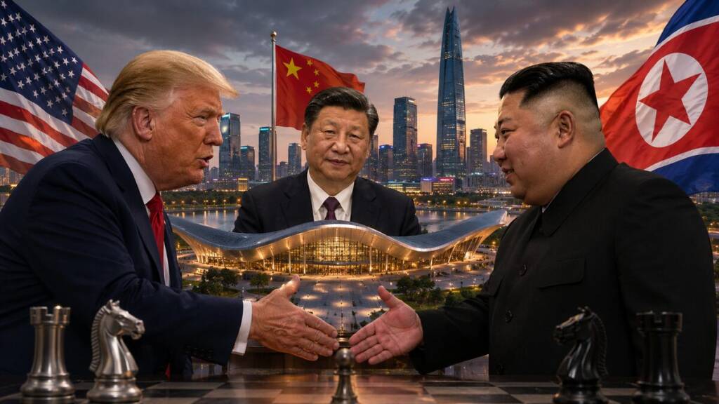 Donald Trump and Kim Jong Un face each other across a chessboard as Xi Jinping stands between them, with US, Chinese and North Korean flags and a modern Chinese city skyline in the background.