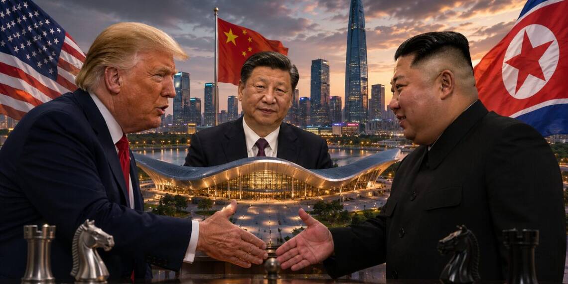 Donald Trump and Kim Jong Un face each other across a chessboard as Xi Jinping stands between them, with US, Chinese and North Korean flags and a modern Chinese city skyline in the background.