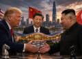 Donald Trump and Kim Jong Un face each other across a chessboard as Xi Jinping stands between them, with US, Chinese and North Korean flags and a modern Chinese city skyline in the background.