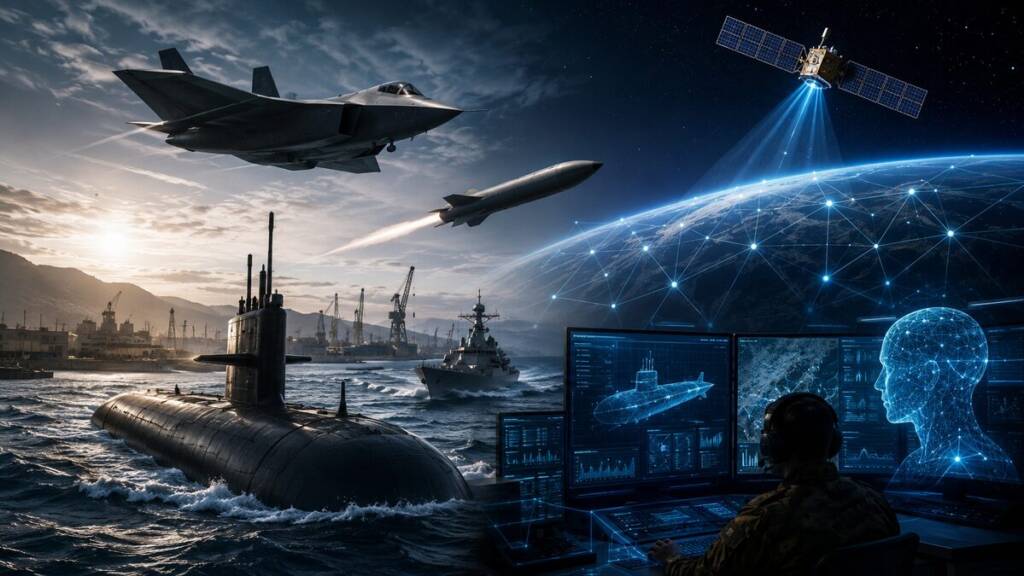 A futuristic US national security landscape showing a submarine, stealth fighter, missile, satellite and AI-powered command systems, symbolising America’s prioritisation of undersea warfare, space and autonomous technologies.