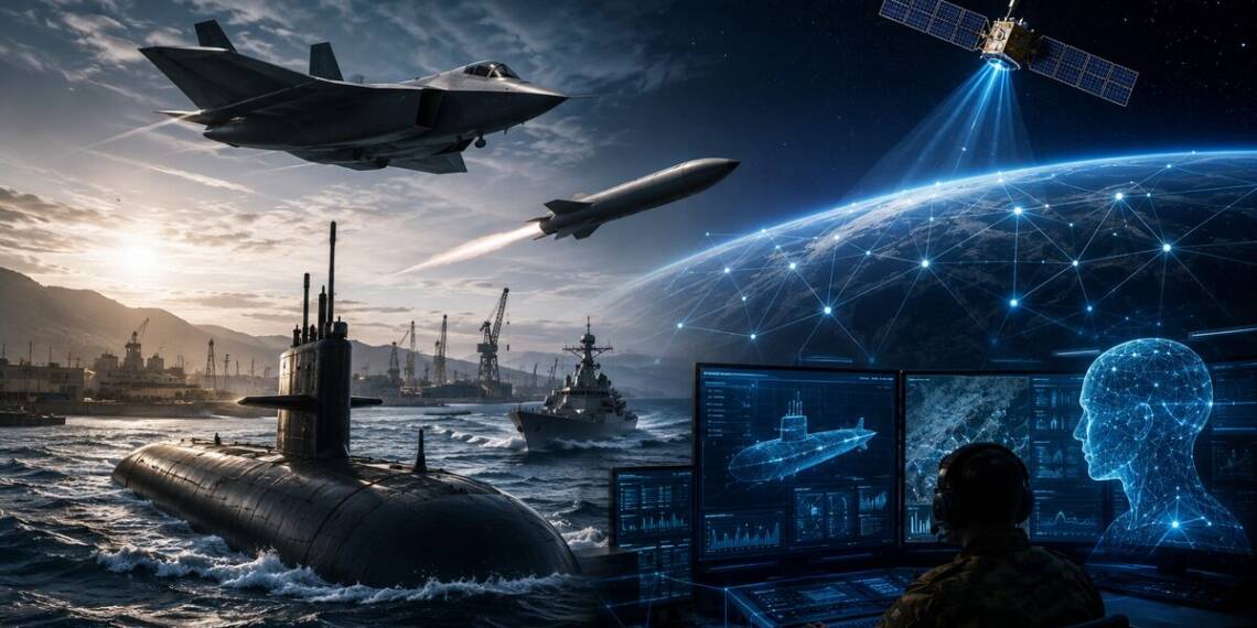 A futuristic US national security landscape showing a submarine, stealth fighter, missile, satellite and AI-powered command systems, symbolising America’s prioritisation of undersea warfare, space and autonomous technologies.