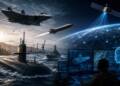A futuristic US national security landscape showing a submarine, stealth fighter, missile, satellite and AI-powered command systems, symbolising America’s prioritisation of undersea warfare, space and autonomous technologies.