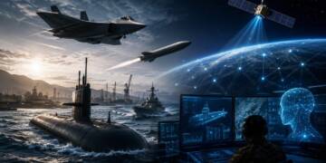 A futuristic US national security landscape showing a submarine, stealth fighter, missile, satellite and AI-powered command systems, symbolising America’s prioritisation of undersea warfare, space and autonomous technologies.