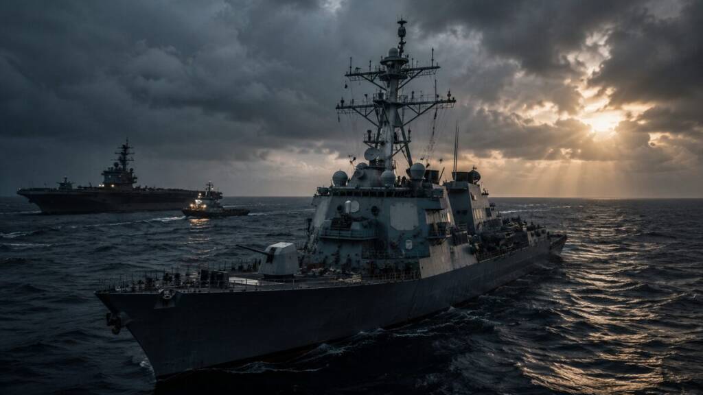 A modern grey US Navy destroyer sails through rough, dark seas under dramatic storm clouds, with an aircraft carrier and support vessels in the background.