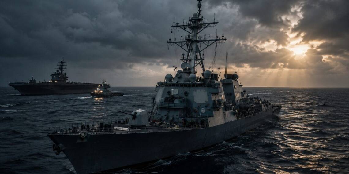 A modern grey US Navy destroyer sails through rough, dark seas under dramatic storm clouds, with an aircraft carrier and support vessels in the background.