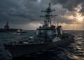 A modern grey US Navy destroyer sails through rough, dark seas under dramatic storm clouds, with an aircraft carrier and support vessels in the background.