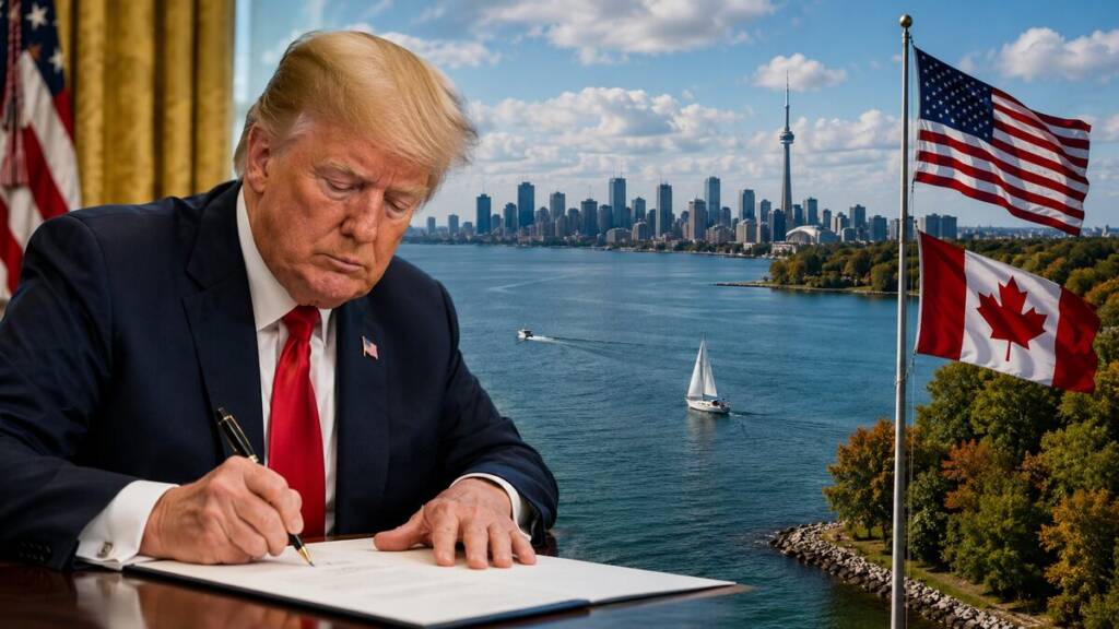 President Donald Trump signs an order in the foreground as Lake Ontario and the Toronto skyline appear behind him, with American and Canadian flags symbolising the escalating dispute over the lake's name and US-Canada relations.