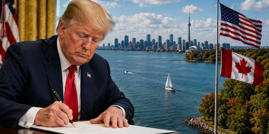 President Donald Trump signs an order in the foreground as Lake Ontario and the Toronto skyline appear behind him, with American and Canadian flags symbolising the escalating dispute over the lake's name and US-Canada relations.