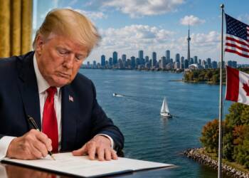 President Donald Trump signs an order in the foreground as Lake Ontario and the Toronto skyline appear behind him, with American and Canadian flags symbolising the escalating dispute over the lake's name and US-Canada relations.