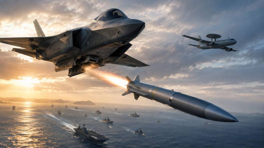 A stealth fighter of United States launches a long-range missile over the Pacific Ocean toward a distant airborne early-warning aircraft, while an aircraft carrier and escort warships sail below under dramatic skies.