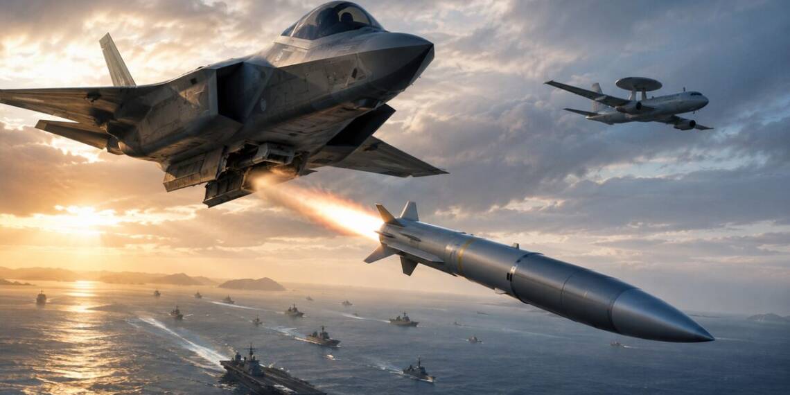 A stealth fighter of United States launches a long-range missile over the Pacific Ocean toward a distant airborne early-warning aircraft, while an aircraft carrier and escort warships sail below under dramatic skies.
