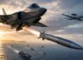 A stealth fighter of United States launches a long-range missile over the Pacific Ocean toward a distant airborne early-warning aircraft, while an aircraft carrier and escort warships sail below under dramatic skies.