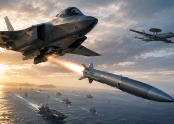 A stealth fighter of United States launches a long-range missile over the Pacific Ocean toward a distant airborne early-warning aircraft, while an aircraft carrier and escort warships sail below under dramatic skies.