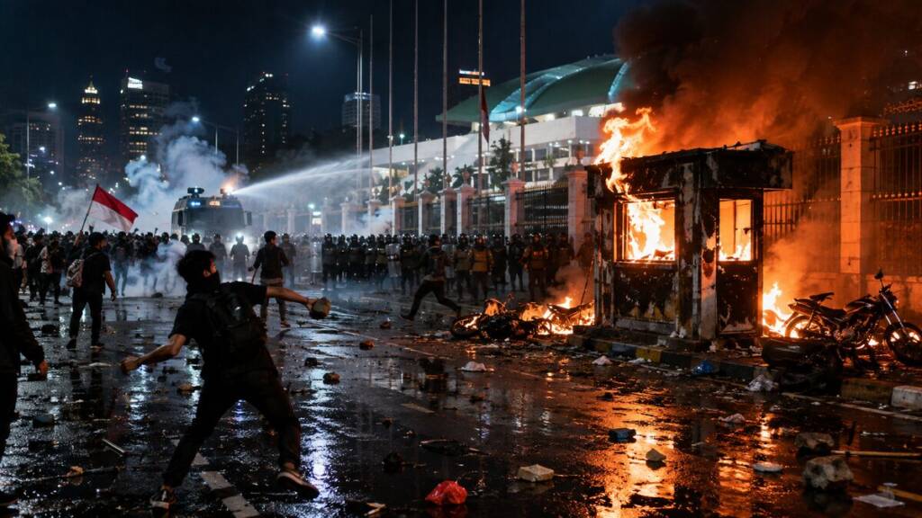 A nighttime protest riot in Jakarta, with demonstrators facing riot police amid tear gas and water cannon spray as a guard post and motorcycles burn nearby.