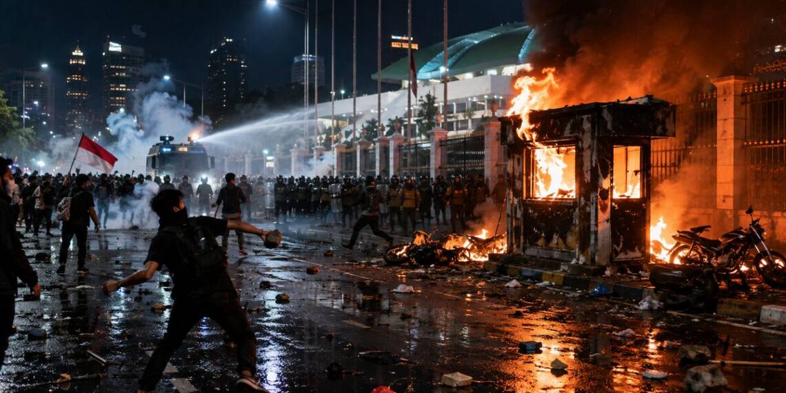 A nighttime protest riot in Jakarta, with demonstrators facing riot police amid tear gas and water cannon spray as a guard post and motorcycles burn nearby.