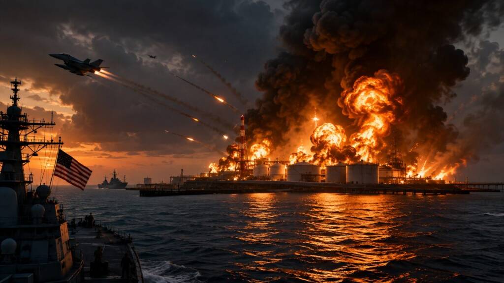 A dramatic nighttime scene showing a US warship facing a large oil terminal engulfed in flames, with explosions, thick black smoke, fighter jets, and missiles streaking across the sky above the sea after strikes